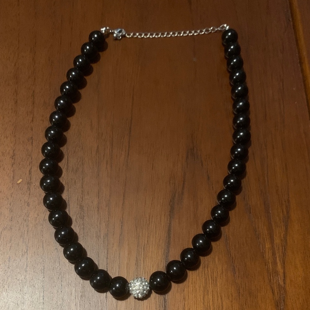 Elegant Black Beaded Necklace with Crystal Ball Accent